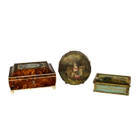 Three European paint decorated boxes and drum