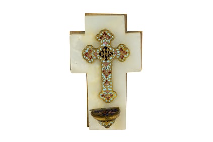 A French champleve enamel cross with a holy font
