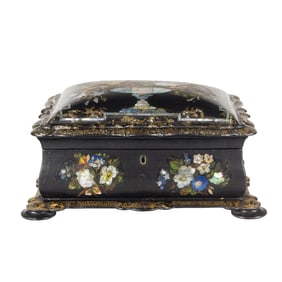 A Victorian mother-of-pearl inlaid papier mache sewing box