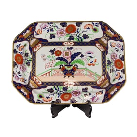 An English ironstone platter in an Imari pattern with gilt highlights in the Mason style