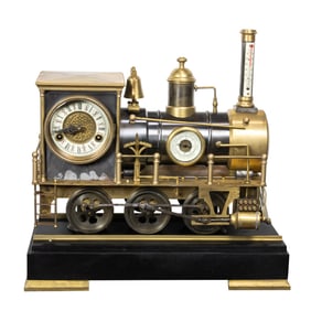 A French style patinated bronze clock and weather station in the form of a steam locomotive
