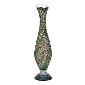 A tall Persian enamel tall vase, 22"h, together with a copper ewer decorated with medallions and