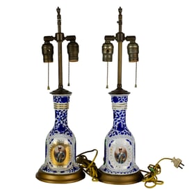 A pair of Continental porcelain hookah bases, now mounted as lamps