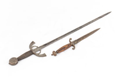 (lot of 2) Pair, toledo sword and dagger made in the medieval style; 29" and 14"