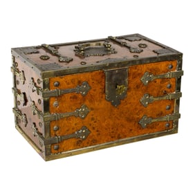 A Baroque style brass mounted burlwood strong box