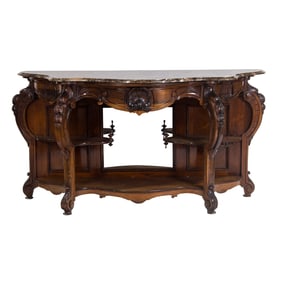 A Rococo Revival carved walnut marble top parlor table or etagere