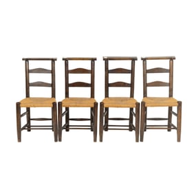Four French Provincial Prie Dieu ladder back chairs with rush seats
