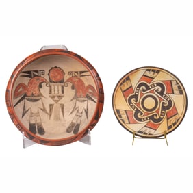 Two Hopi dishes, one signed Nuavaquavi