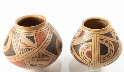 Two Casas Grandes polychrome clay pots with geometric design
