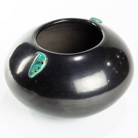 Juan Tafoya San Idelfonso blackware bowl with applied turquoise stones