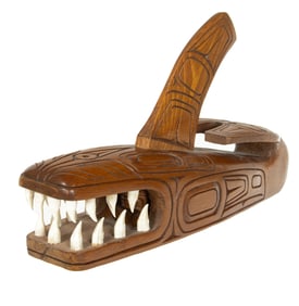 A Pacific Northwest Gary Rice carved wood sculpture of Jonah and the Whale