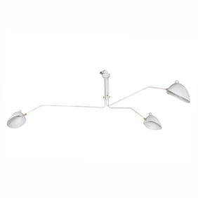 A Serge Mouille style three-light ceiling mount light fixture, in white enamel with gold hardware,