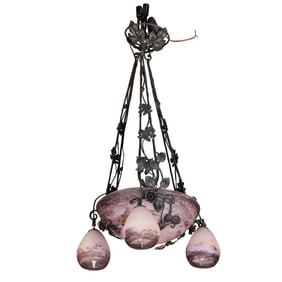 An Art Nouveau style cameo glass chandelier, the organic form with leaf form supports suspending the