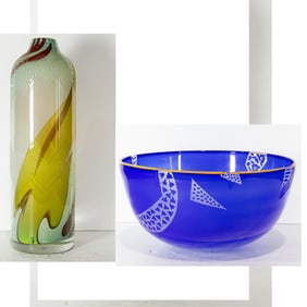 Two Dick Huss etched stuio art glass vases