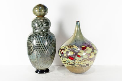 Two Dick Huss etched studio art glass vases