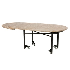 A contemporary marble and metal dining table