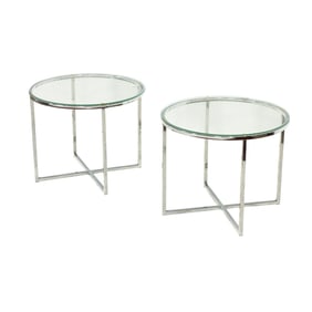 Pair of chrome and glass round side tables; h 17
