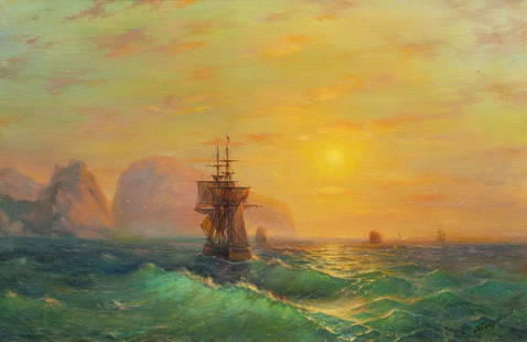 Painting, Manner of Ivan Konstantinovich Aivazovsky: Manner of Ivan Konstantinovich Aivazovsky (Russian, 1817-1900), Ship at Twilight, oil on canvas, bears signature lower right, canvas: 20"h x 30"w, overall (with frame): 25.5"h x 35.5"w. Provenance: Ko