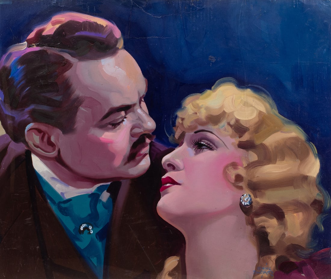 Painting, Irving Sinclair: Irving Sinclair (American, 1895-1969), "Neil Astor & Jeanette MacDonald," 1934, oil on board, signed, dated, and titled verso, sight: 25"h x 29.5"w, overall (with frame): 34.75"h x 39"w