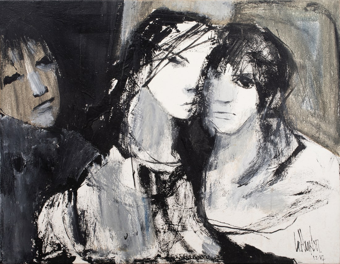 Painting, Gino Hollander: Gino Hollander (American, 1924-2015), Three Figures, 1967, oil on canvas, signed and dated lower right, canvas: 28"h x 36"w, overall (with frame): 29.25"h x 37.25"w