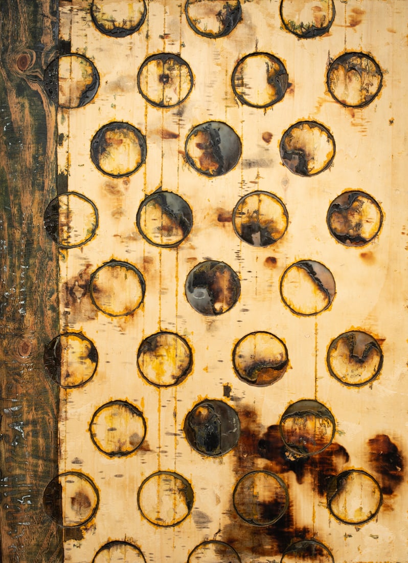 Mixed Media, David B. Jang: David B. Jang (American/Korean, b. 1975), "Pattern of Season," oil, wax, and stain on wood panel, artist label verso, panel (unframed): 66"h x 48"w. Provenance: Private collection of the late Sonoma C