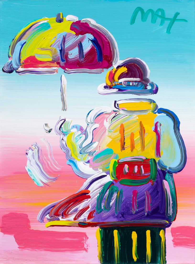 Painting, Peter Max: Peter Max (American, b. 1937), "Umbrella Man," 2016, acrylic on canvas, signed upper right, artist stamp verso, canvas: 21"h x 16"w, overall (with frame): 30"h x 24.5"w