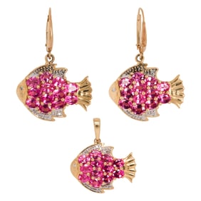 A set of pink spinel, diamond and 14k gold jewelry