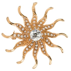 A Victorian diamond, seed pearl and 14k gold sunburst brooch-pendant