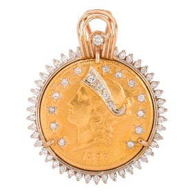 A gold coin, diamond and 14k gold pendant