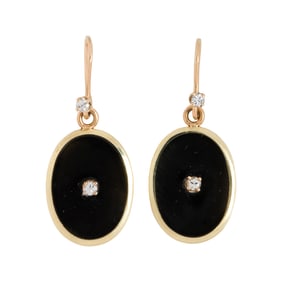 A pair of onyx, diamond and 14k gold earrings