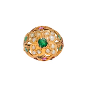 An emerald, ruby, seed pearl and 14k gold ring