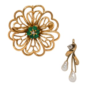 A 14k gold and gem-set brooch and pendant