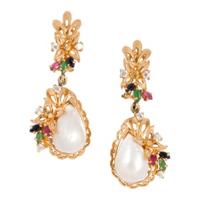 A pair of mabe cultured pearl, gem-set and 14k gold earrings