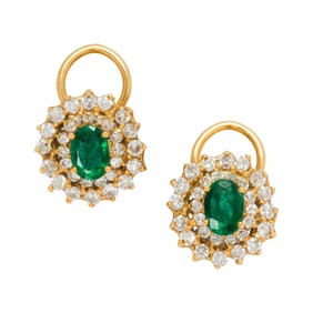 A pair of emerald, diamond, and 18k gold earrings