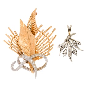 A diamond and 14k gold brooch and pendant