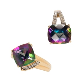 A mystic topaz, diamond and 14k gold pendant and ring