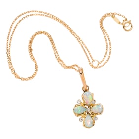 An opal, diamond and 18k gold pendant necklace