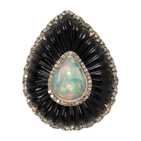An opal, onyx, diamond, silver and 14k gold ring
