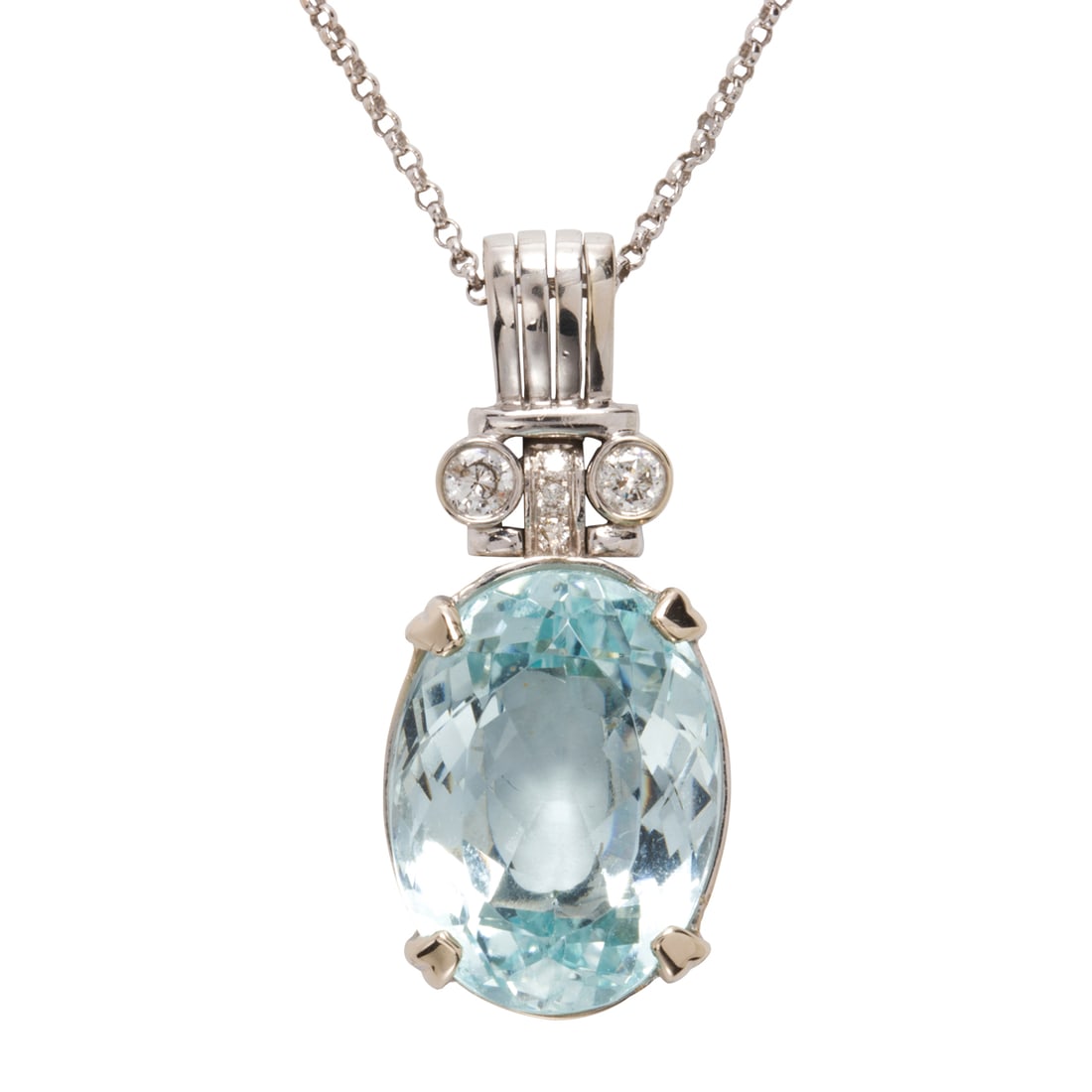 An aquamarine, diamond and 14k white gold necklace: An aquamarine, diamond and 14k white gold necklace centering an oval-cut aquamarine weighing approximately 10.57 carats, surmounted by two round brilliant-cut diamonds, on cable link chain; 7.83 grams
