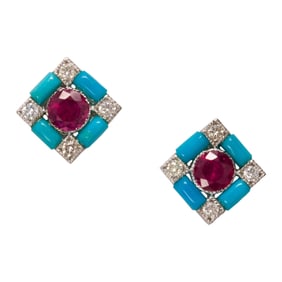 A pair of ruby, turquoise, diamond and 14k white gold earrings