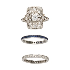 Three gem-set and platinum rings