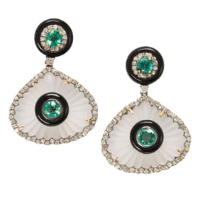 A pair of emerald, rock crystal, onyx, diamond and silver earrings