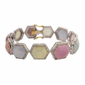 A multi-color sapphire, diamond and silver bracelet