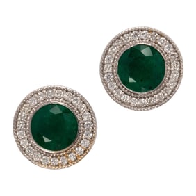 A pair of emerald, diamond and 14k white gold earrings