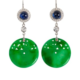 A pair of 'A' jadeite jade, diamond, sapphire and 18k white gold earrings