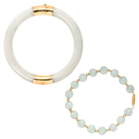 Two jade and 14k gold bracelets