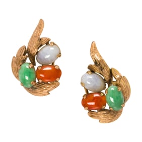 A pair of jade and 14k gold earrings