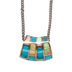 An opal, turquoise and silver slide pendant and chain