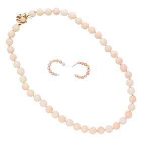 A coral and 14k gold earrings and necklace