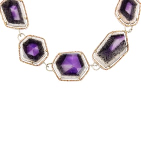 An amethyst, sapphire, diamond, silver and 14k gold necklace